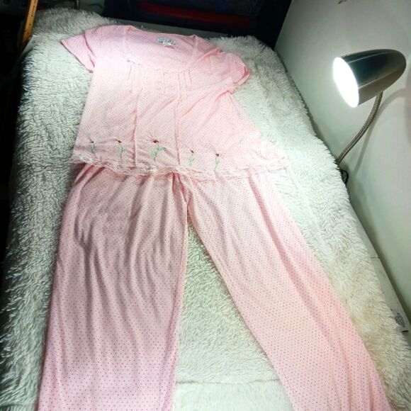 NWOT Lati Fashion Pink Polka Dot Pajama Set Lace Dainty Floral Hem Womans M - Picture 7 of 16